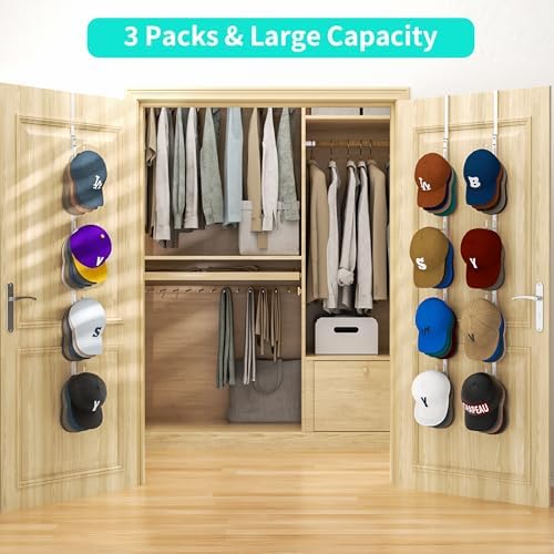 HapiRm Over Door Hat Rack - 3 Packs Hat Organizer with 12 Hooks Design, Hanging Baseball Cap Organizer Storage Holds Up to 60 Caps for Door, Bedroom, Closet (White) - Image 2
