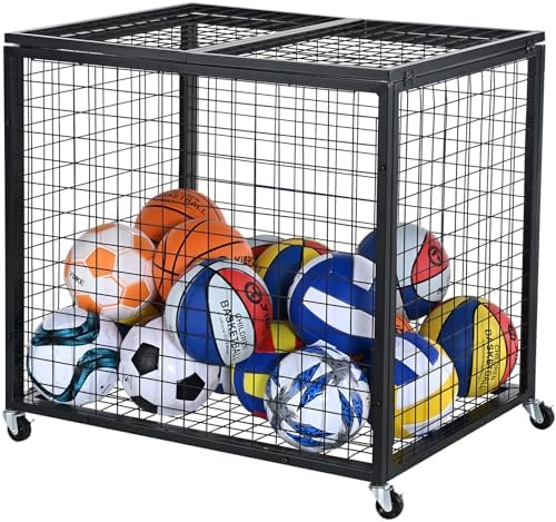 VEVOR Rolling Sports Ball Storage Cart, Lockable Basketball Cage with Double Lids, Sport Equipment Holder Organizer for Indoor Outdoor, Steel Storage Rack for Garages, Playgroup, Gym and Schools by VEVOR