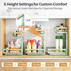 PXRACK Under Sink Organizer, Adjustable Height, 2 Tier Pull Out Under Cabinet Organizer, Slide Out Thickened Metal Under Sink Storage for Kitchen Bathroom Laundry Pantry Cabinet, Green, Large-2-Pack - Image 5