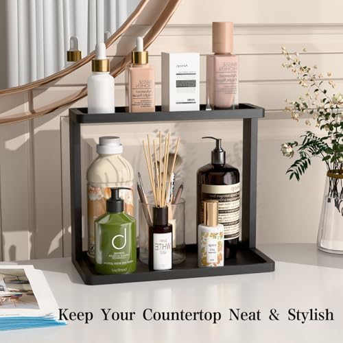 PEKER Bamboo Bathroom Organizer Countertop – Small Vanity Storage Shelf for Makeup, Perfume, Skincare – Natural Cosmetics Display Rack for Dresser, Sink, Kitchen –Black - Image 2