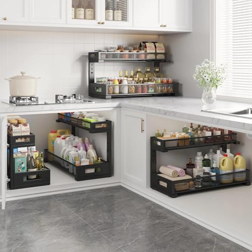 2 Pack 20.47IN Depth Under Sink Storage Organizer, Large 2-Tier Elegant Mesh Pull Out Shelf for Kitchen and Bathroom Cabinet Organization, L-Shaped and Adjustable Height Design-Black - Image 6