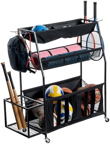MyGift 3 Tier Sports Equipment Organizer Rolling Ball Storage Rack w/Hooks by MyGiftHome