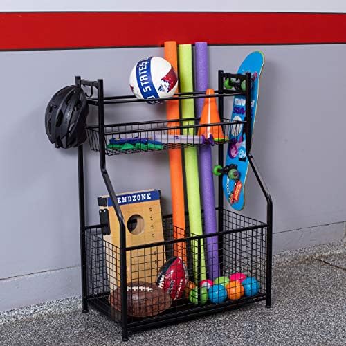 BIRDROCK HOME Sports Equipment Ball Organizer 43"H for Garage -Storage Rack - Baseball, Tennis, Football, Gym Gear - Wide Bin Basket - 4 Hooks - Kids Toy Holder - Hockey Stick Cage | Indoor - Outdoor - Image 2