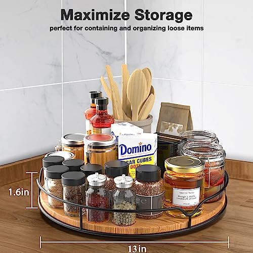 Lazy Susan Turntable Organizer with Anti-Slip Mat for Cabinet Pantry Kitchen Countertop Refrigerator Office, Pine Wood, 13", Carbonized Black - Image 2