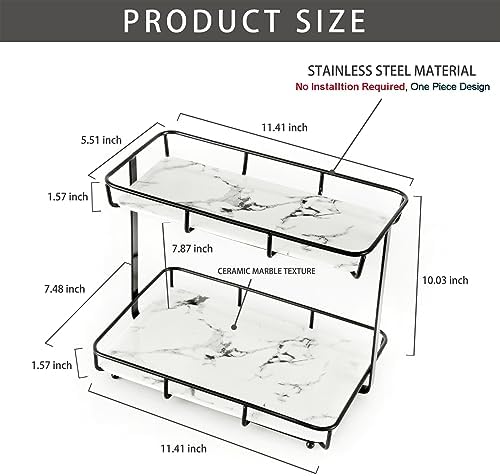 Bathroom Organizer Countertop Perfume Organizer Makeup Organizer Cosmetics Storage Display Rack Vanity Tray Dresser Stainless Steel Gold Shelf White Marble Ceramic Tray (2 Tier L-Black) - Image 6