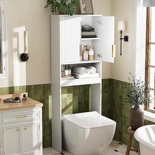 VINGLI Over The Toilet Storage Cabinet White, Modern Bathroom Organizer with Fluted Doors, Freestanding Wooden Space Saver Stand with Adjustable Bottom Bar for Laundry, Gold Handles - Image 3