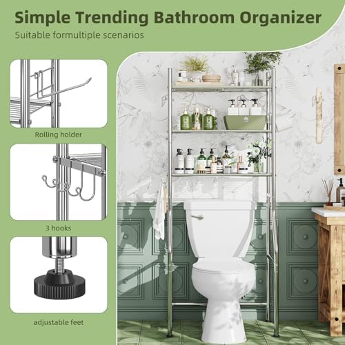 Simple Trending 3 Tier Over The Toilet Rack, Bathroom Shelves with 4 Hooks and Paper Holder, Bathroom Stand Organizer Space Saver, Chrome - Image 6
