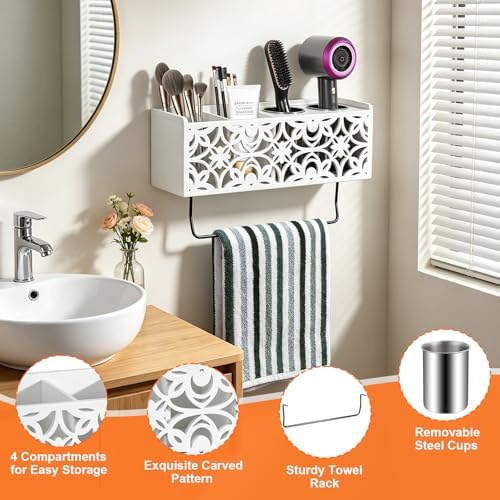 Hair Dryer Holder Wall Mounted with Stainless Steel Cups and Towel Bar - Image 6
