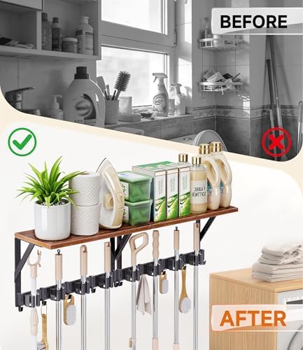 1Pack Broom Holder with Organizer Shelf 4 Broom Slots 5 Removable Hooks - Image 2