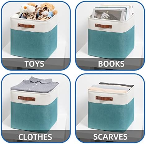 Temary Fabric Storage Cubes 13x13 Storage Baskets for Organizing, 4Pack Large Fabric Storage Bins with Handles Cube Storage Baskets for Storage Clothes, Books (White&Teal) - Image 4