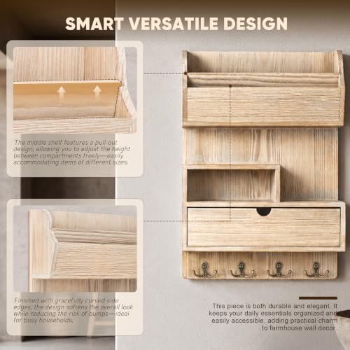 Rebee Vision Pine Wood Key Holder Wall Mount with Drawer, NaturalWood - Image 4
