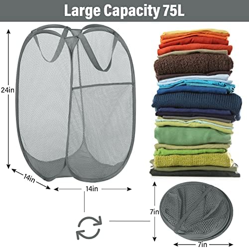 BATTOO 3 Pack Collapsible Laundry Basket Strong Mesh Pop Up Laundry Hamper for Laundry Foldable Hampers with Side Pocket Reinforced Handles for Bathroom, Kids Room, College Dorm or Travel Grey - Image 3