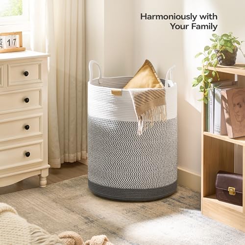 Nunsino Laundry Hamper 95L,Large Laundry Basket for Clothes,Decorative Storage Basket for Blankets,Cotton Rope Woven basket for bedroom,Grey White - Image 2