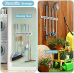 White Broom Holder Wall Mount - Heavy Duty Wood Mop and Broom Organizer with 5 Slots & 4 Hooks - Garden Tool Hanger for Laundry Room Closet Kitchen Garage Storage and Organization - Modern Home Decor - Image 4