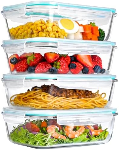 LOVYANXUE 4 Pack 52oz Large Glass Food Storage Containers with Lids, Meal Prep Containers with Airtight Lid for Storing, Baking, Serving, BPA-Free, Freezer, Microwave, Oven & Dishwasher Safe by LOVYANXUE