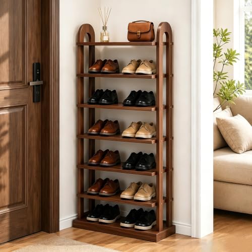 43.7" Wooden Shoe Rack - Vertical Shoe Organizer Rack for Small Space, Narrow Shoe Tower for Closet, Entryway, Corner, Tall Shoe Shelf with Removable Shelves, Flexible Storage Shelf for Saving Space by Displaycabinet
