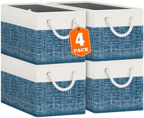 Fab totes Storage Bins 4-Pack, Foldable Storage Baskets for Organizing Toys, Books, Shelves, Closet, Large Storage Box with Rope Handles, Sturdy Organizer Bins, White & Blue by Fabtotes