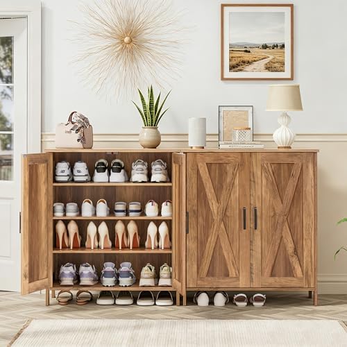 Homleke Farmhouse Shoe Cabinet with 2 Barn Doors & Wood Legs - Image 3