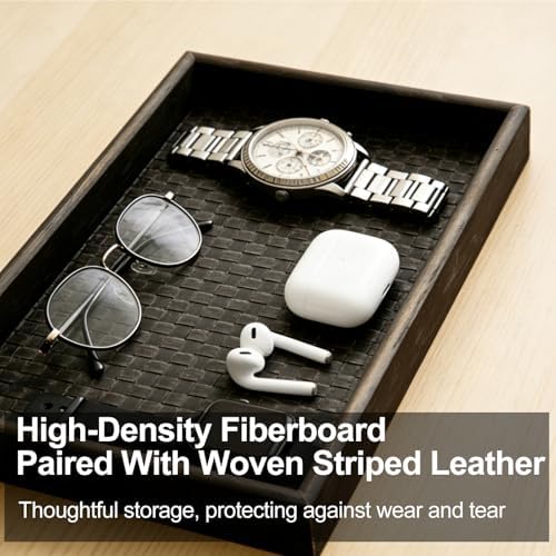 Wooden Valet Tray with Leather Base - Nightstand Catchall Organizer Desk Tray for Keys, Wallet, Men's Jewelry & Accessories(Black) (2, Black) - Image 4