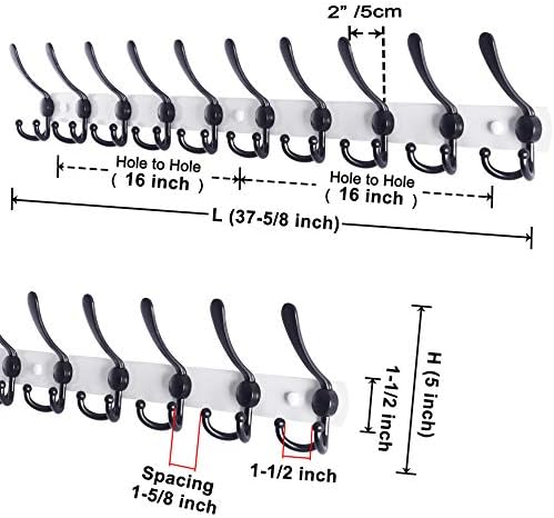 Dseap Coat Rack Wall Mount - 38” Long 10-Tri-Hooks Heavy Duty Coat Hanger Rail Wall Hooks for Hanging Coats Hats Clothing Clothes Purse Mudroom Entryway, White/Black, Pack of 2 - Image 2