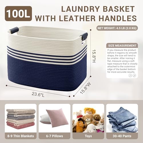 100L Large Woven Laundry Basket Hamper with Leather Handles,Navy - Image 2