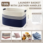 100L Large Woven Laundry Basket Hamper with Leather Handles,Navy - Image 2