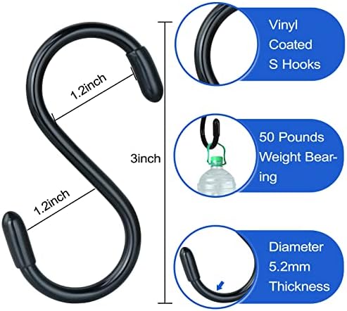 DINGEE 20 Pack Rubber Coated S Hooks for Hanging Plants,Heavy Duty S Hook,Non Slip 3 Inch Closet S Hooks,Steel Metal Black Vinyl Coated Small Hanging Hook for Jeans Pots and Pans Coffee Cups - Image 2