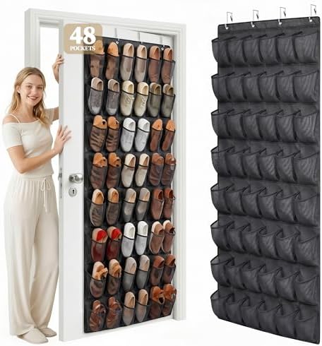 48 Pockets Over the Door Shoe Organizer, Large Mesh Hanging Shoe Rack, 6-Column Heavy Duty Shoe Storage for Sneakers and Heels, Behind Door Holder for Entryway Bedroom Dorm College, Black by ORDOVIBE