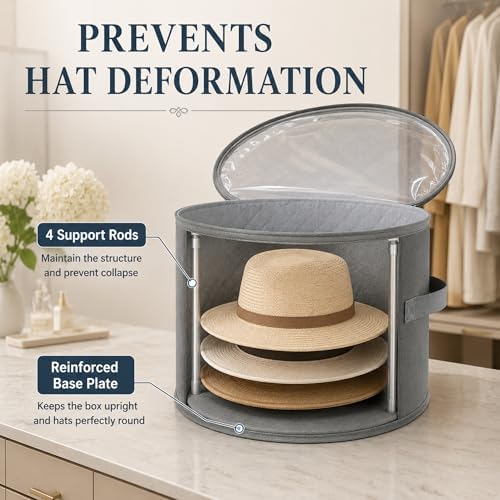 Extra Large Sun Hat Storage Box for Women, 23.6" D x 15.7" H Clear Cowboy Hat Organizer Storage Box with 4 Support Rods Bottom Plate Wide Brimmed Hats Holds up to 10 Caps - Image 3