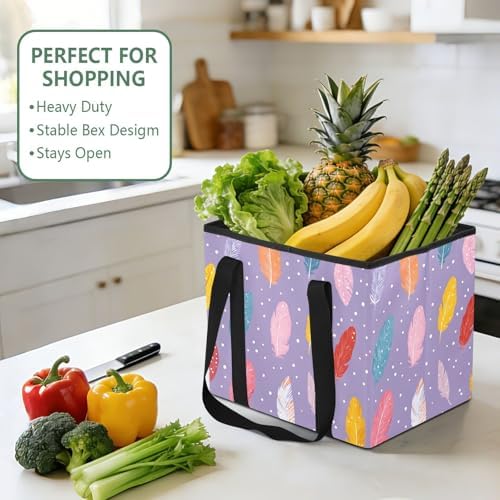 Trunk Organizer Collapsible Car Organizer with Handle Car Storage Box Bin for Groceries SUV Utility Tote Bag Portable Vehicle Container Purple Feather Dots - Image 5