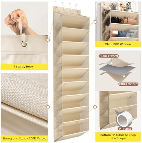 Mefirt 20-25 Pairs Over the Door Shoe Organizer, Clear Pockets Shoe Rack for Closet Door, 10-Tier Hanging Shoe Rack for Boots, Behind the Door Shoe Holder Fit All the Family's Sneakers, Heels, Beige - Image 3