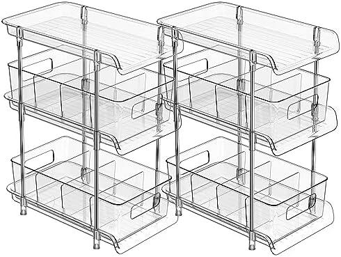2Set 3 Tier Clear Bathroom Organizer with Dividers, Pull-Out Pantry Organization and Storage, Multi-Purpose Under Sink Organizers and Storage, Vanity Skincare Cosmetic Closet Organizer Medicine Bins by XIANKE