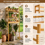 BAMBANG Over-the-Toilet Storage Shelf, 3-Tier Freestanding Bathroom Shelves with Adjustable Shelf Height and 3 Hooks, Space-Saving Organizer Rack Above Toilet, Bamboo Natural - Image 6