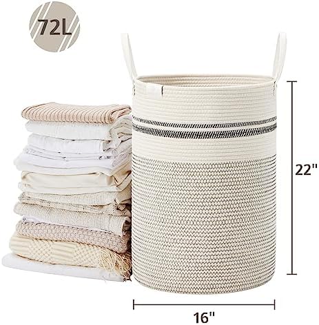VIPOSCO 72L Tall Woven Rope Laundry Hamper, Leather Handles, Stripe White - Image 5