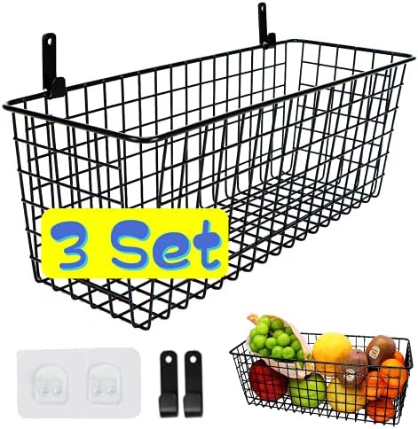 Joben Oligey 3 Set [Extra Large] Hanging Wall Baskets ,Wire Basket For Storage Pantry, Farmhouse Food Storage Kitchen Pantry Laundry Closet Garage RV ,Black by JobenOligey