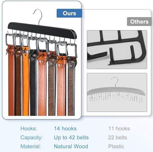 Belt Hanger for Closet, Sturdy Wood Belt Rack Closet Accessories with 14 Hooks Belt Organizer for Closet Organizers and Storage Max 42 Belts-Black 2 Pack - Image 3