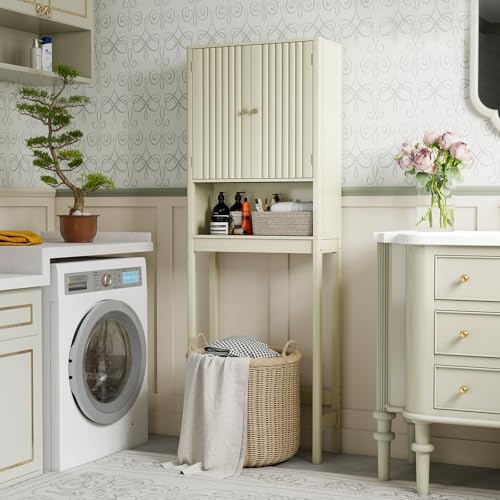 GIANTEX Over The Toilet Storage Cabinet, Bathroom Organizer w/Fluted Doors, Adjustable Shelf&Bottom Bar, Open Storage Cube, Space-Saving Above Toilet Storage Cabinet for Laundry (Cream White) - Image 3
