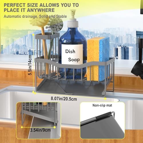 Fssvcd Maifan Sink Caddy Sponge Holder for Kitchen with Brush Holder and Stainless Steel Self Drain Tray, Rustproof Kitchen Sink Organizer for Sponge, Soap Dispenser Storage Accessories Dark Gray - Image 5