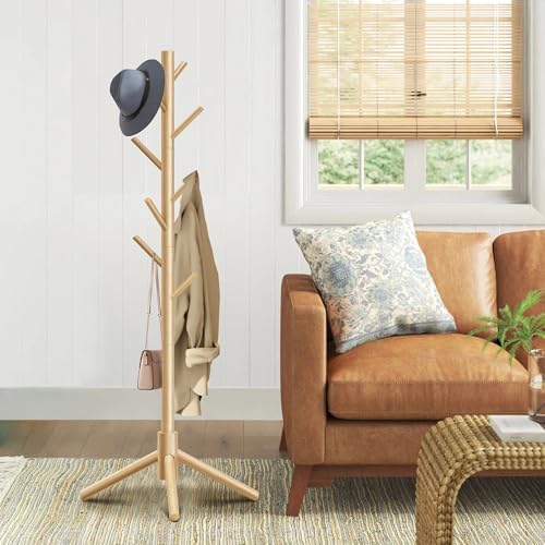 8-Hook Freestanding Coat Rack 3 Adjustable Heights Nature 2PCS - Image 2