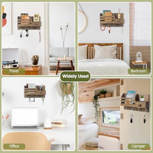 Key Holder Wall Mount, Wooden Key and Mail Organizer, Brown - Image 6