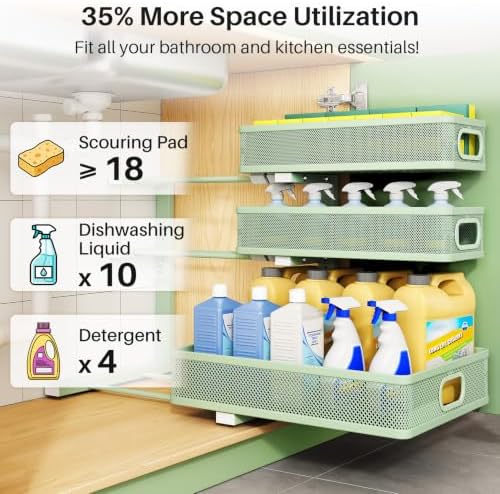 Kitstorack Under Sink Organizer, 2-Pack 3-Tier Height Adjustable Thickened Metal Pull out Cabinet Organizer Shelf, Slide out Storage Drawer Rack for Bathroom Kitchen Pantry Home Organization, Green - Image 4
