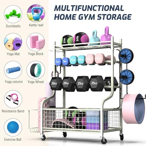 PLKOW Dumbbell Rack, Weight Rack for Dumbbells, Home Gym Storage for Dumbbells Kettlebells Yoga Mat and Balls, All in One Workout Storage with Wheels and Hooks, Powder Coated Finish Steel - Image 5