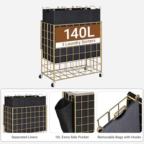 Laundry Basket with Wheels, Heavy Duty Laundry Sorter 3 Sections, 140L (37Gal.) Large Capacity Hamper with Wood Lid, 360 Rolling Wheels, Extra Side Pocket, Leather Pull Handle,Golden+Black - Image 2