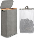 iEGrow 65L Slim Laundry Hamper, Narrow Laundry Basket with Lid,Foldable Clothes Hamper with Bamboo Handles,Hamper Basket with Removable Inner Bag for Laundry Room Bedroom College Dorm,17.17 Gals Grey by iEGrow