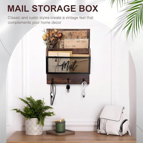 Yalikop Farmhouse Mail Organizer Wall Mounted Rustic Mail Holder Hanging Key Sorter with 3 Hooks Indoor Wooden Wall Mounted, Letter, Magazines, Newspapers, Keys(Classics,Brown) - Image 5