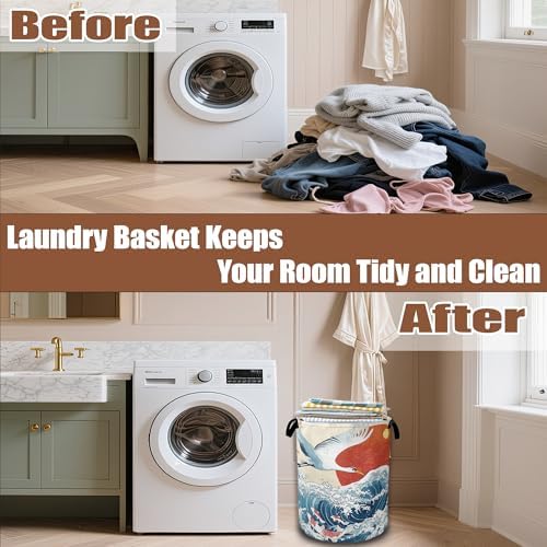 White Crane Laundry Baskets,Red Sun Japanese Wave Laundry Hamper,Storage Basket with Handles for Bathroom Bedroom College Dormitory Living Room Nursery Organizer 16"x20.8" - Image 6