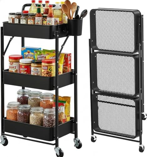 Foldable Rolling Cart 3-Tier Small Foldable Utility Storage Cart Multifunctional Metal Storage Bin Heavy Duty Organizer Carts with Rolling Wheels for Home Office (Black) by Payeel