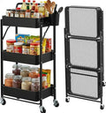 Foldable Rolling Cart 3-Tier Small Foldable Utility Storage Cart Multifunctional Metal Storage Bin Heavy Duty Organizer Carts with Rolling Wheels for Home Office (Black) by Payeel