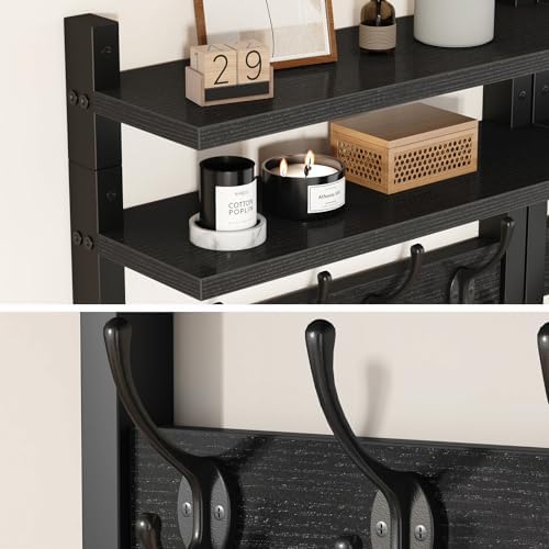 YMYNY Double Shelf Coat Rack Wall Mount with 8 Hooks, Black HWS009B-2 - Image 4