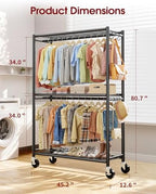 Sakugi Clothes Rack - Double Hanging Rod Clothing Rack with Wheels & Leveling Feet, Large Capacity Wardrobe Closet with Shelves for Bedroom, Laundry Room, Entryway, 45.2" x 12.6" x 80.7", Black - Image 2